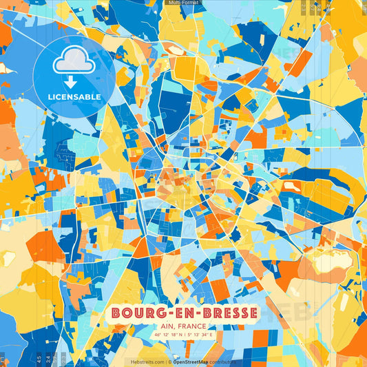 Bourg-en-Bresse, Ain, France blue and orange vector art map template