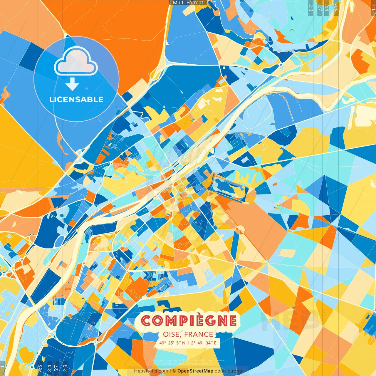 Compiègne, Oise, France blue and orange vector art map template