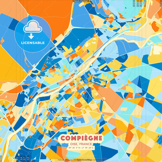 Compiègne, Oise, France blue and orange vector art map template
