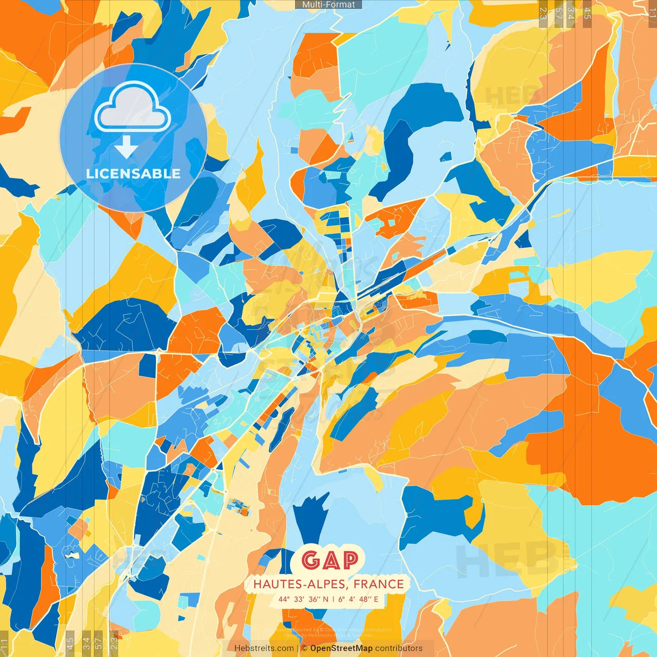 Gap, Hautes-Alpes, France blue and orange vector art map template