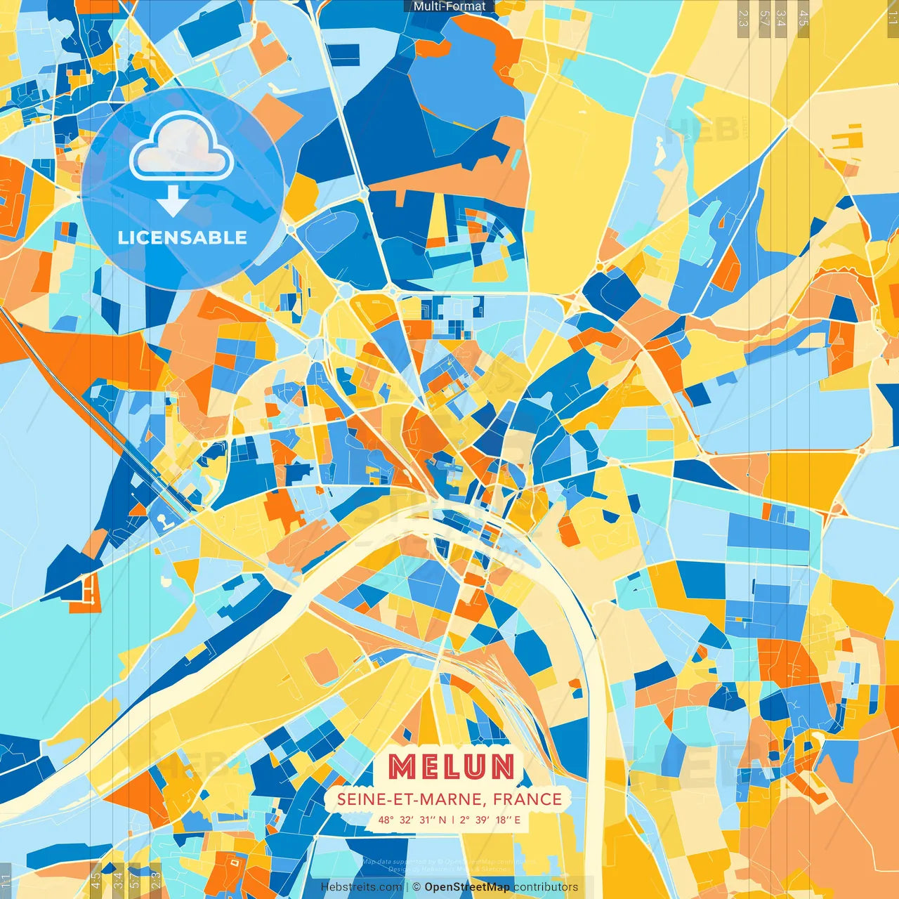 Melun, Seine-et-Marne, France blue and orange vector art map template