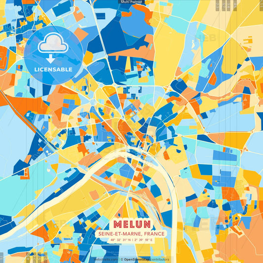 Melun, Seine-et-Marne, France blue and orange vector art map template