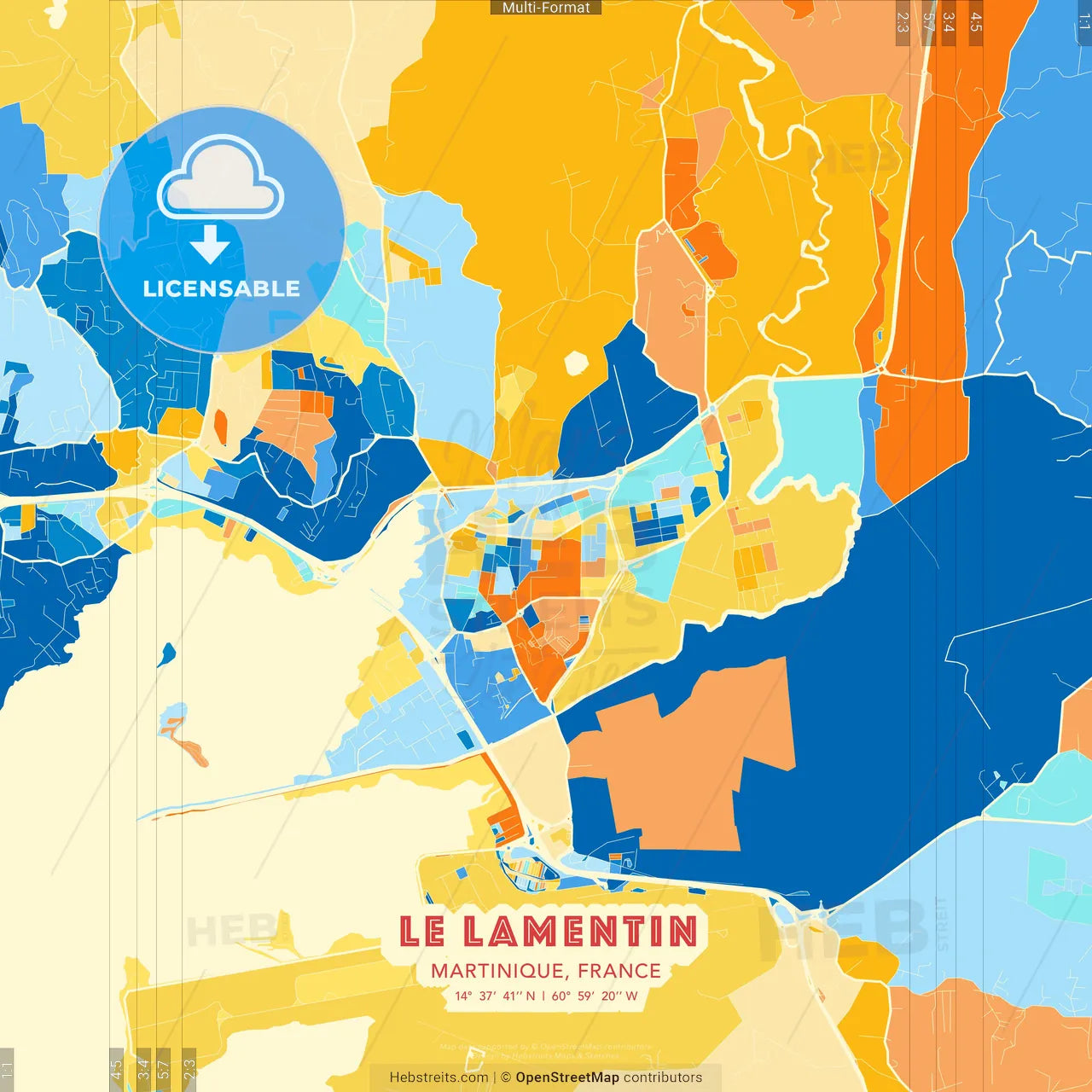 Le Lamentin, Martinique, France blue and orange vector art map template