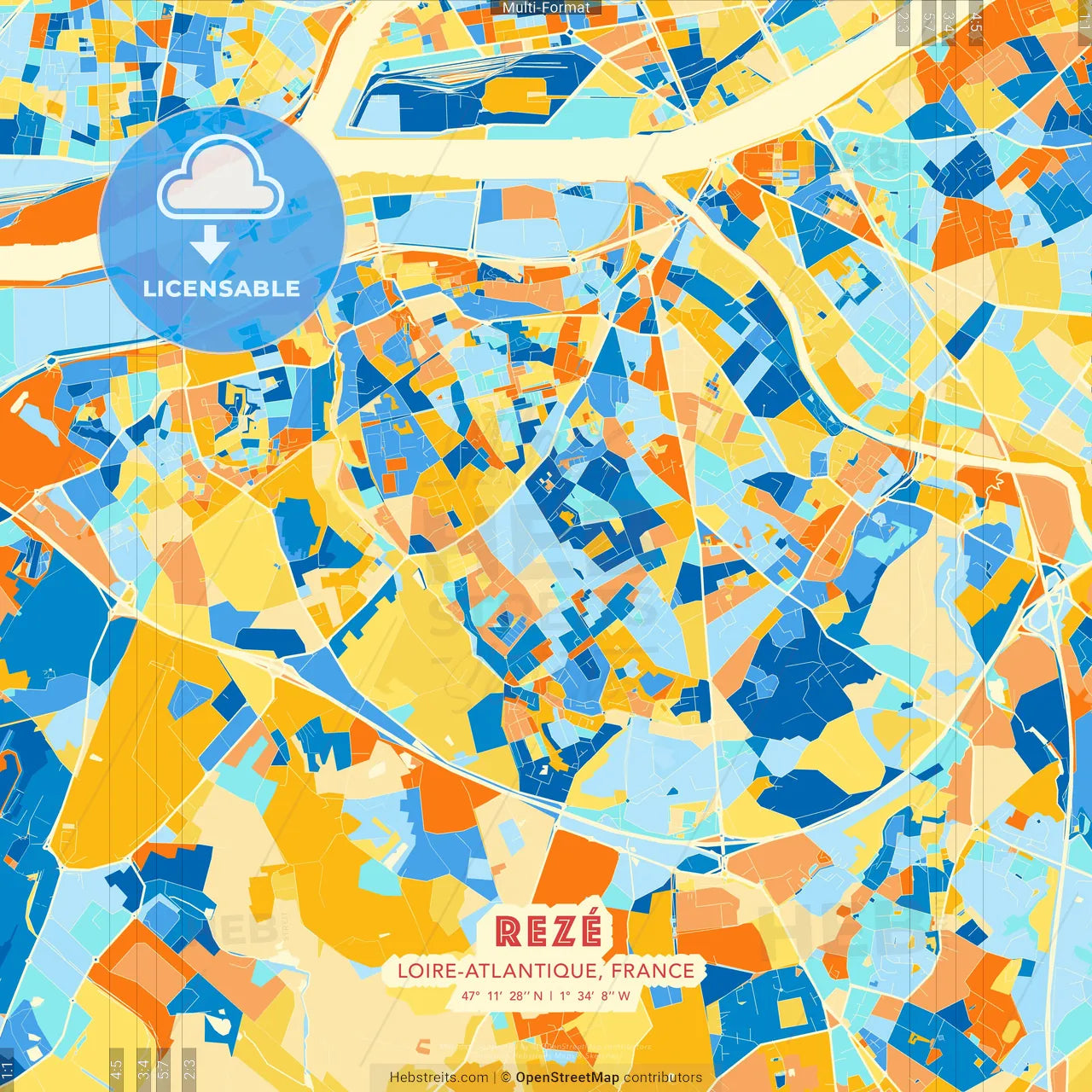 Rezé, Loire-Atlantique, France blue and orange vector art map template