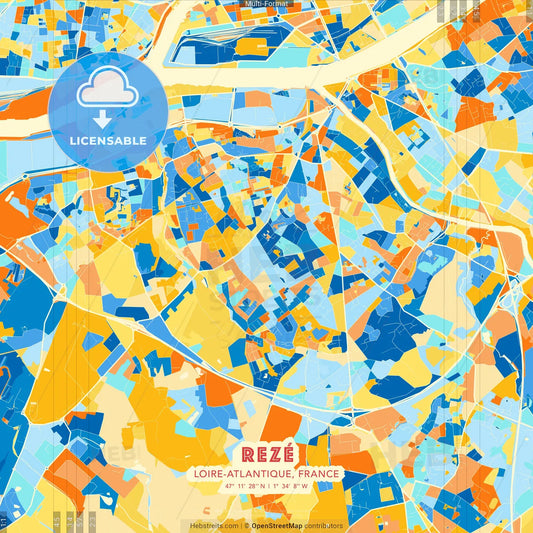 Rezé, Loire-Atlantique, France blue and orange vector art map template