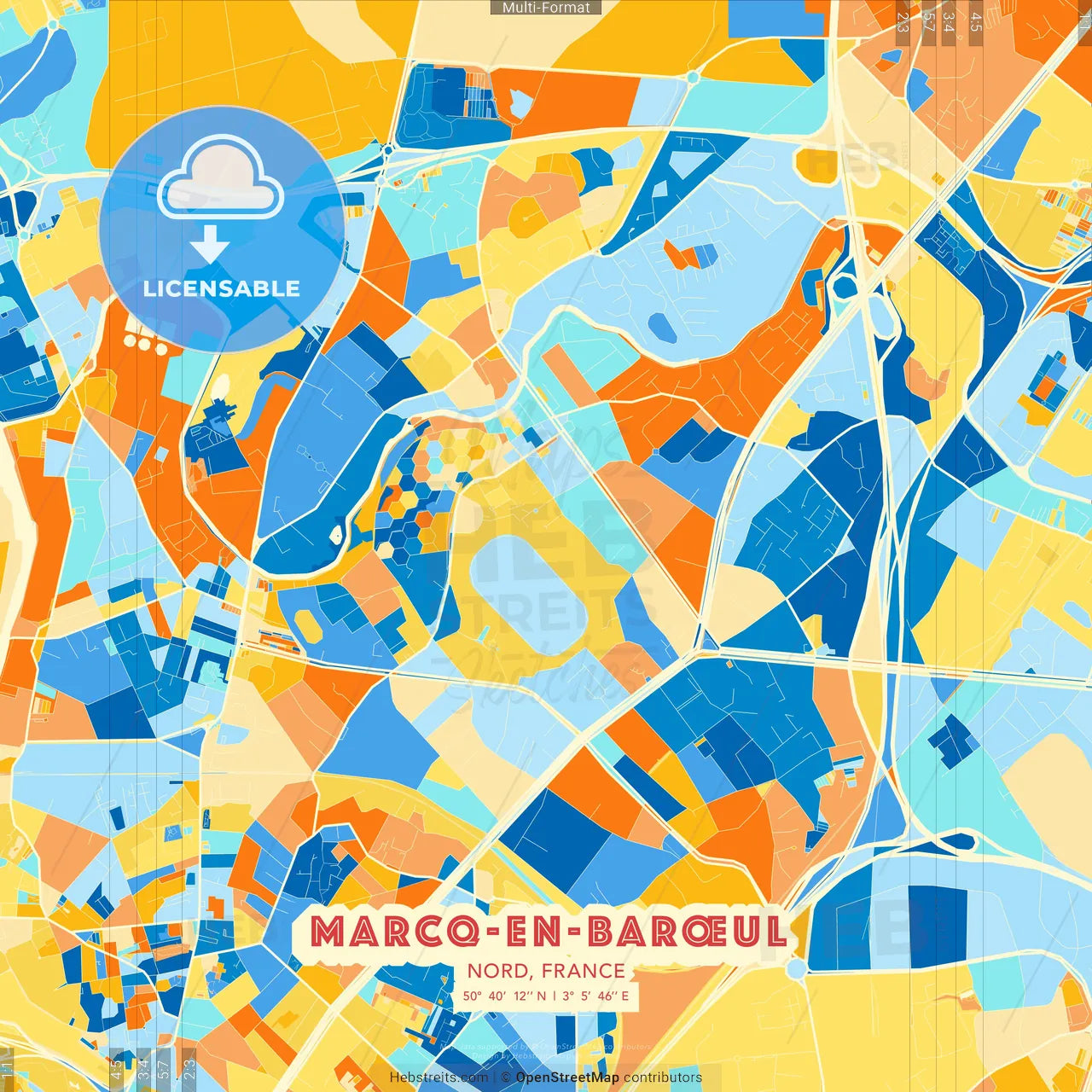 Marcq-en-Barœul, Nord, France blue and orange vector art map template