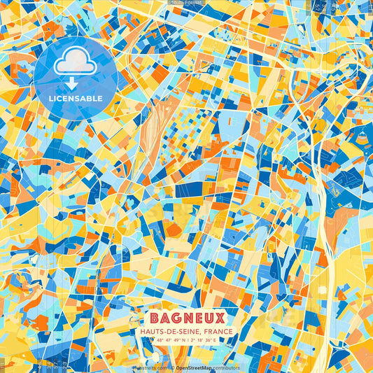 Bagneux, Hauts-de-Seine, France blue and orange vector art map template