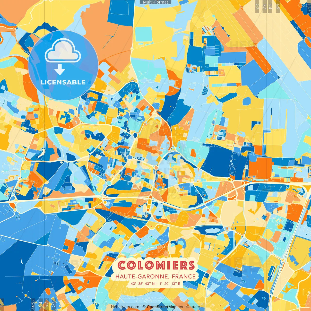 Colomiers, Haute-Garonne, France blue and orange vector art map template