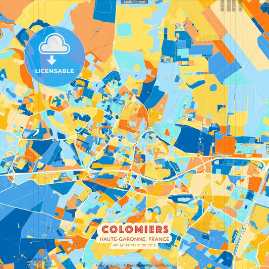 Colomiers, Haute-Garonne, France blue and orange vector art map template