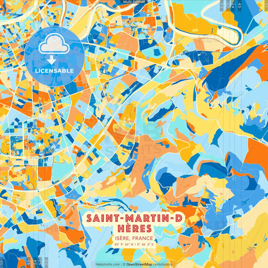 Saint-Martin-d Hères, Isère, France blue and orange vector art map template