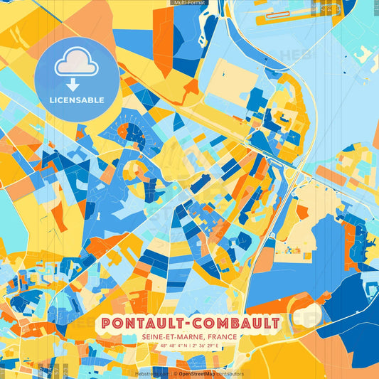 Pontault-Combault, Seine-et-Marne, France blue and orange vector art map template