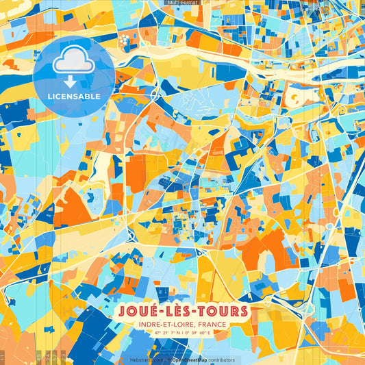 Joué-lès-Tours, Indre-et-Loire, France blue and orange vector art map template