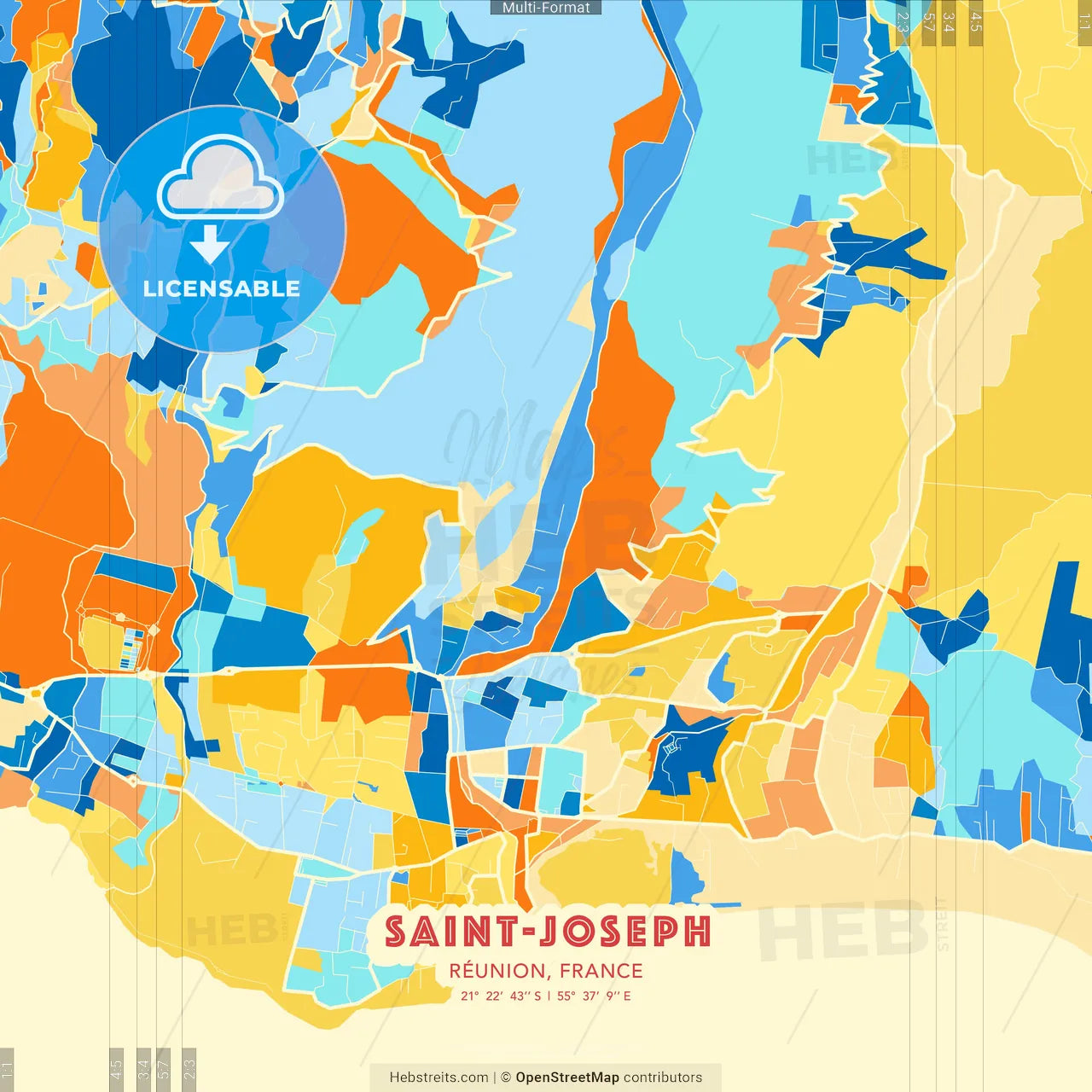 Saint-Joseph, Réunion, France blue and orange vector art map template