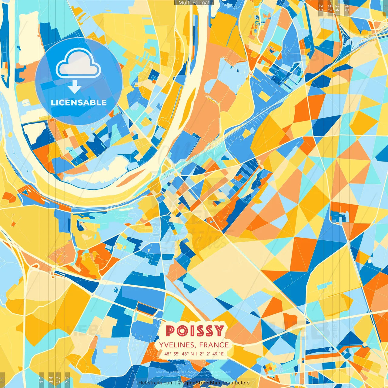 Poissy, Yvelines, France blue and orange vector art map template