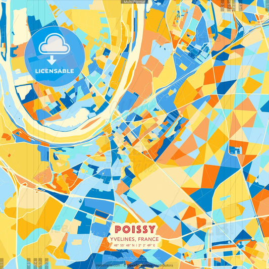 Poissy, Yvelines, France blue and orange vector art map template