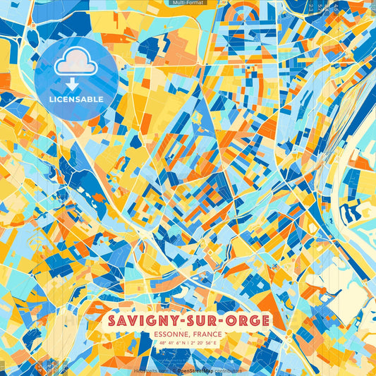 Savigny-sur-Orge, Essonne, France blue and orange vector art map template