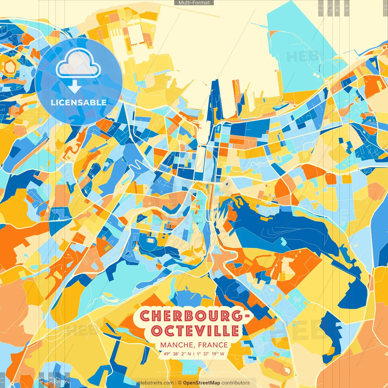 Cherbourg-Octeville, Manche, France blue and orange vector art map template