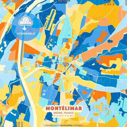 Montélimar, Drôme, France blue and orange vector art map template