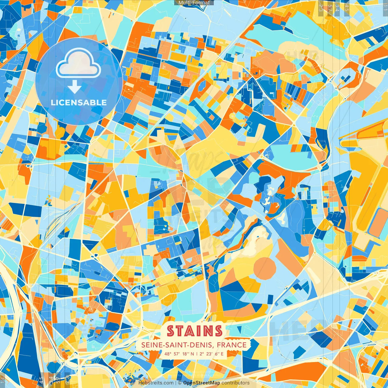 Stains, Seine-Saint-Denis, France blue and orange vector art map template