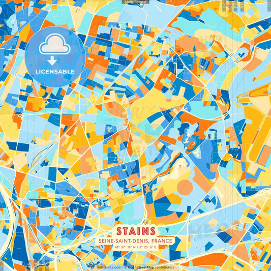 Stains, Seine-Saint-Denis, France blue and orange vector art map template
