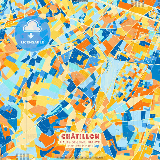 Châtillon, Hauts-de-Seine, France blue and orange vector art map template