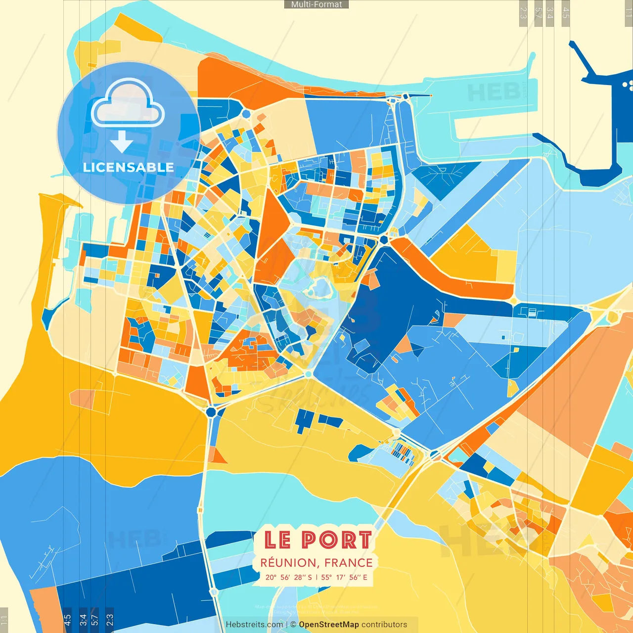 Le Port, Réunion, France blue and orange vector art map template