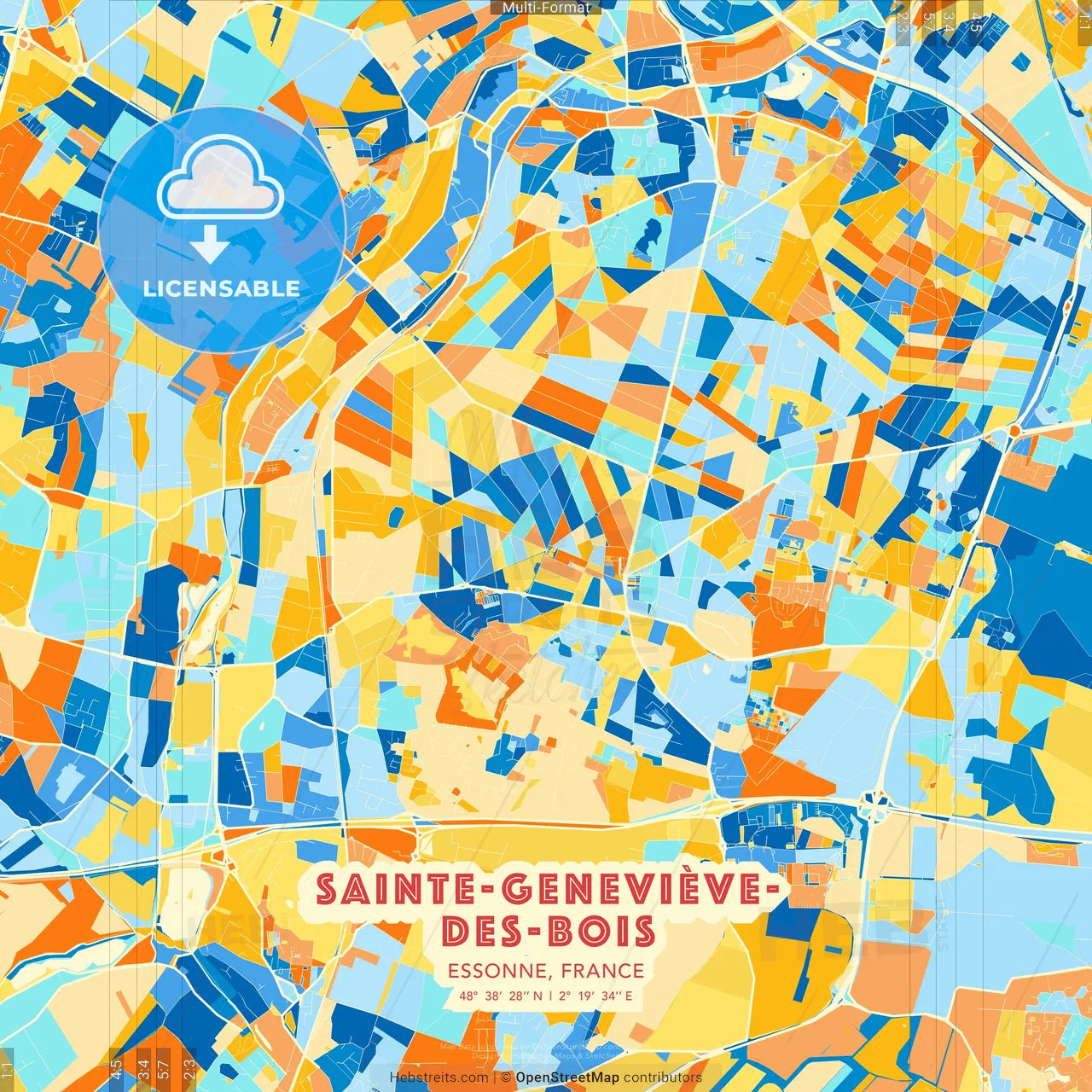 Sainte-Geneviève-des-Bois, Essonne, France blue and orange vector art map template