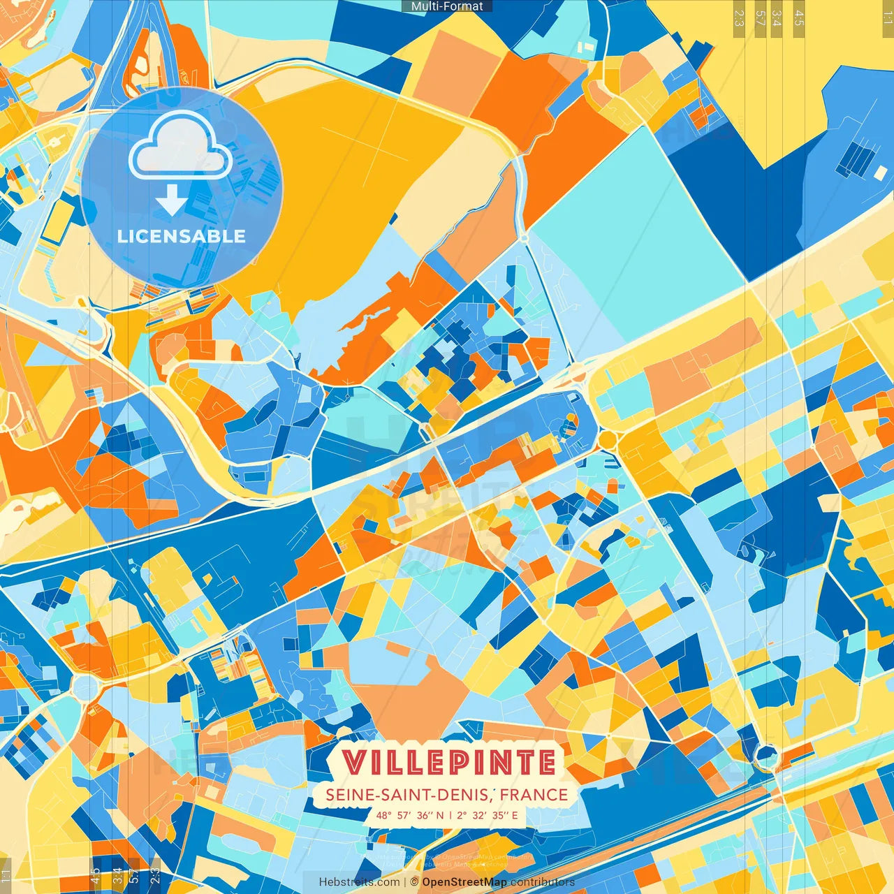 Villepinte, Seine-Saint-Denis, France blue and orange vector art map template