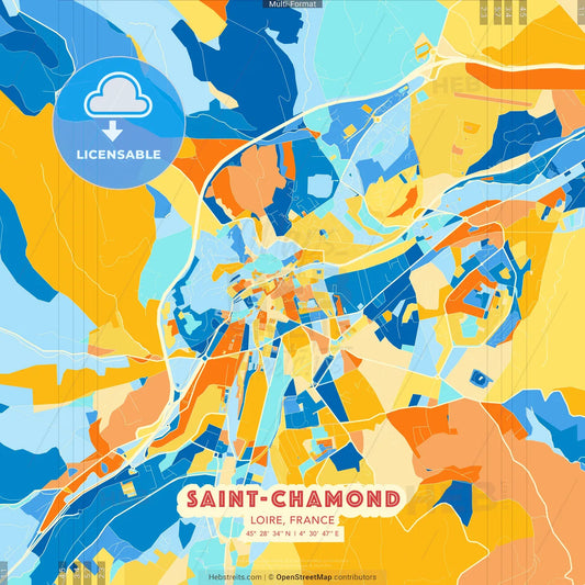 Saint-Chamond, Loire, France blue and orange vector art map template