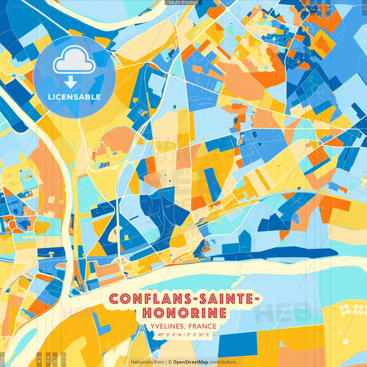 Conflans-Sainte-Honorine, Yvelines, France blue and orange vector art map template