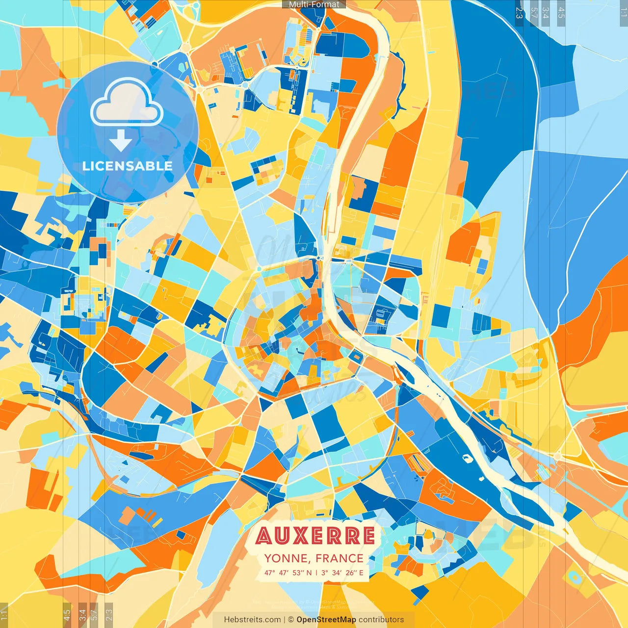 Auxerre, Yonne, France blue and orange vector art map template