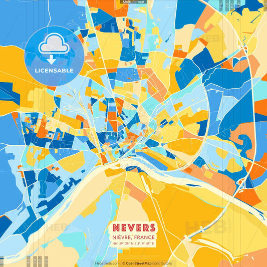 Nevers, Nièvre, France blue and orange vector art map template