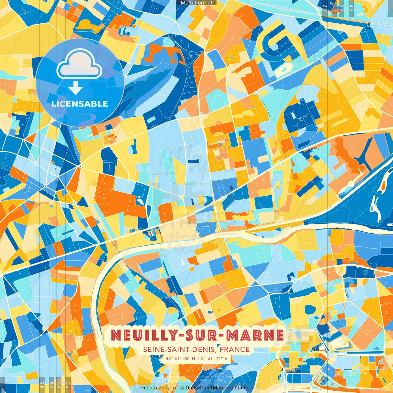 Neuilly-sur-Marne, Seine-Saint-Denis, France blue and orange vector art map template