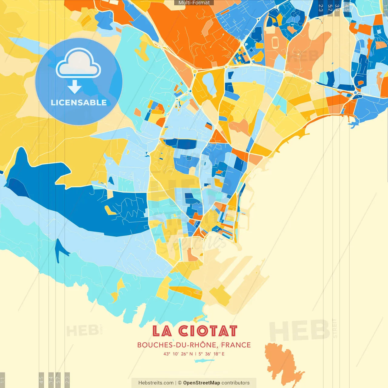 La Ciotat, Bouches-du-Rhône, France blue and orange vector art map template