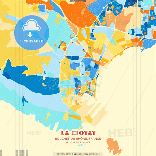 La Ciotat, Bouches-du-Rhône, France blue and orange vector art map template