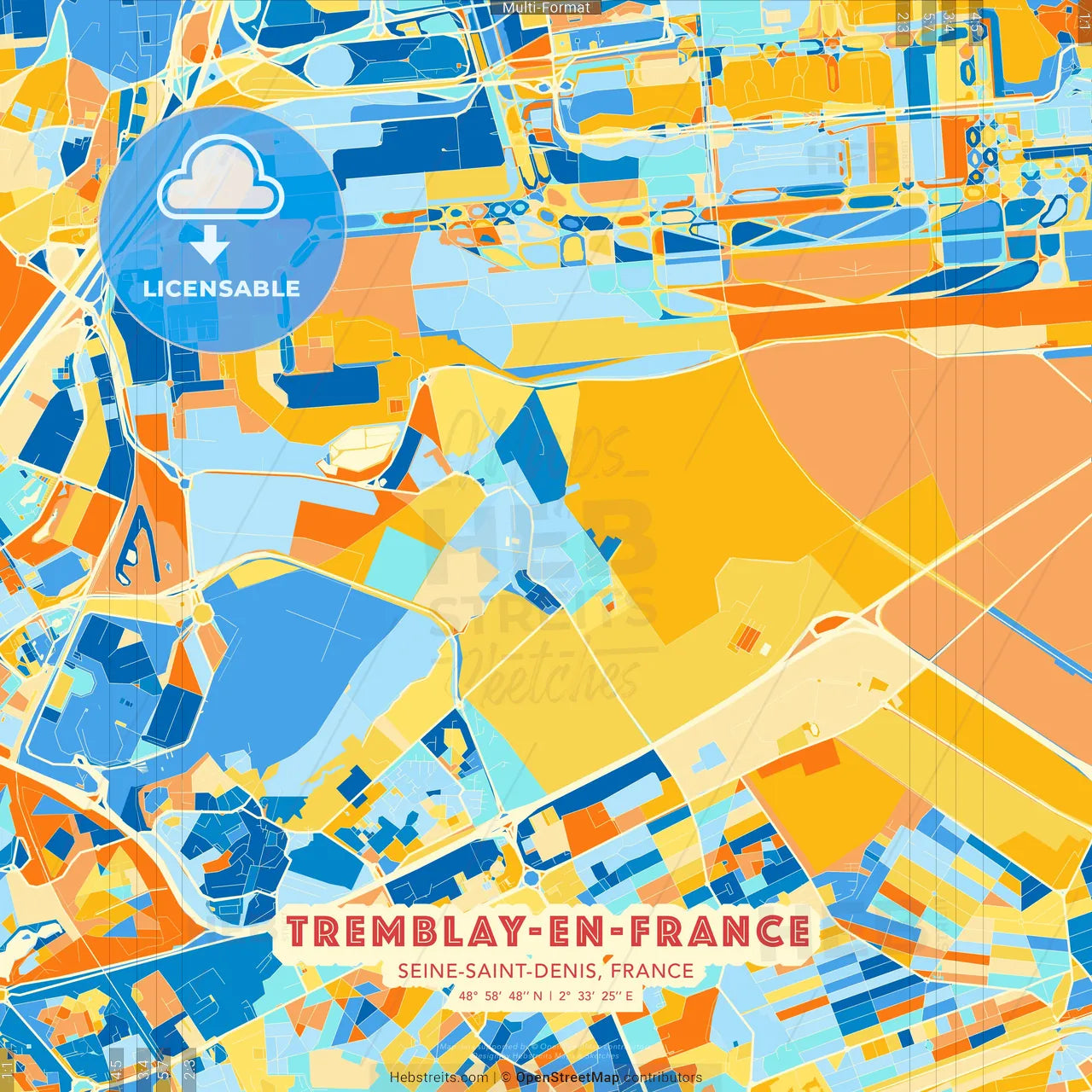Tremblay-en-France, Seine-Saint-Denis, France blue and orange vector art map template