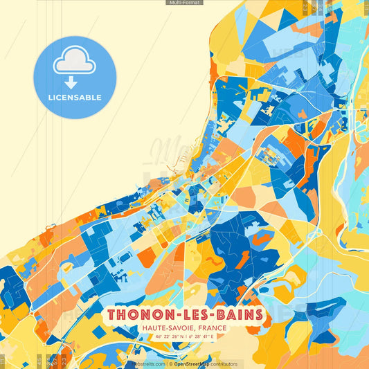 Thonon-les-Bains, Haute-Savoie, France blue and orange vector art map template