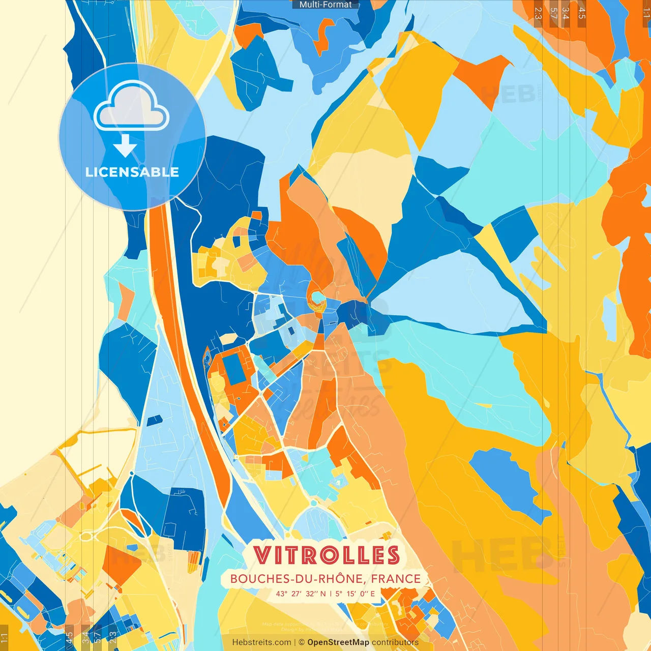Vitrolles, Bouches-du-Rhône, France blue and orange vector art map template