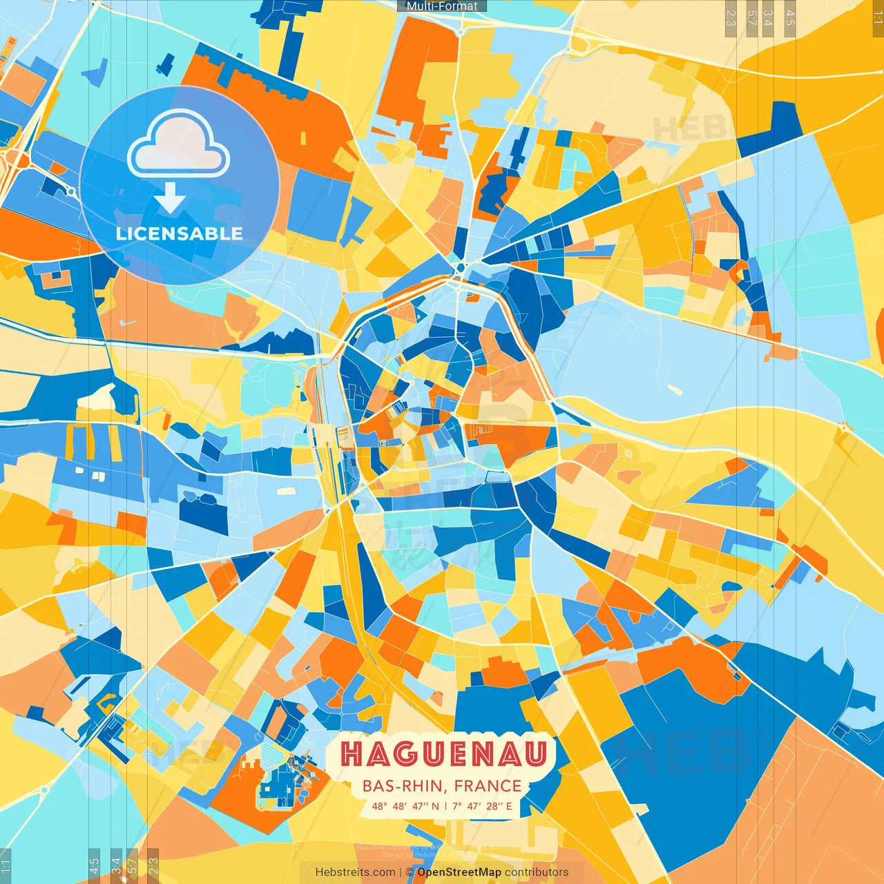 Haguenau, Bas-Rhin, France blue and orange vector art map template