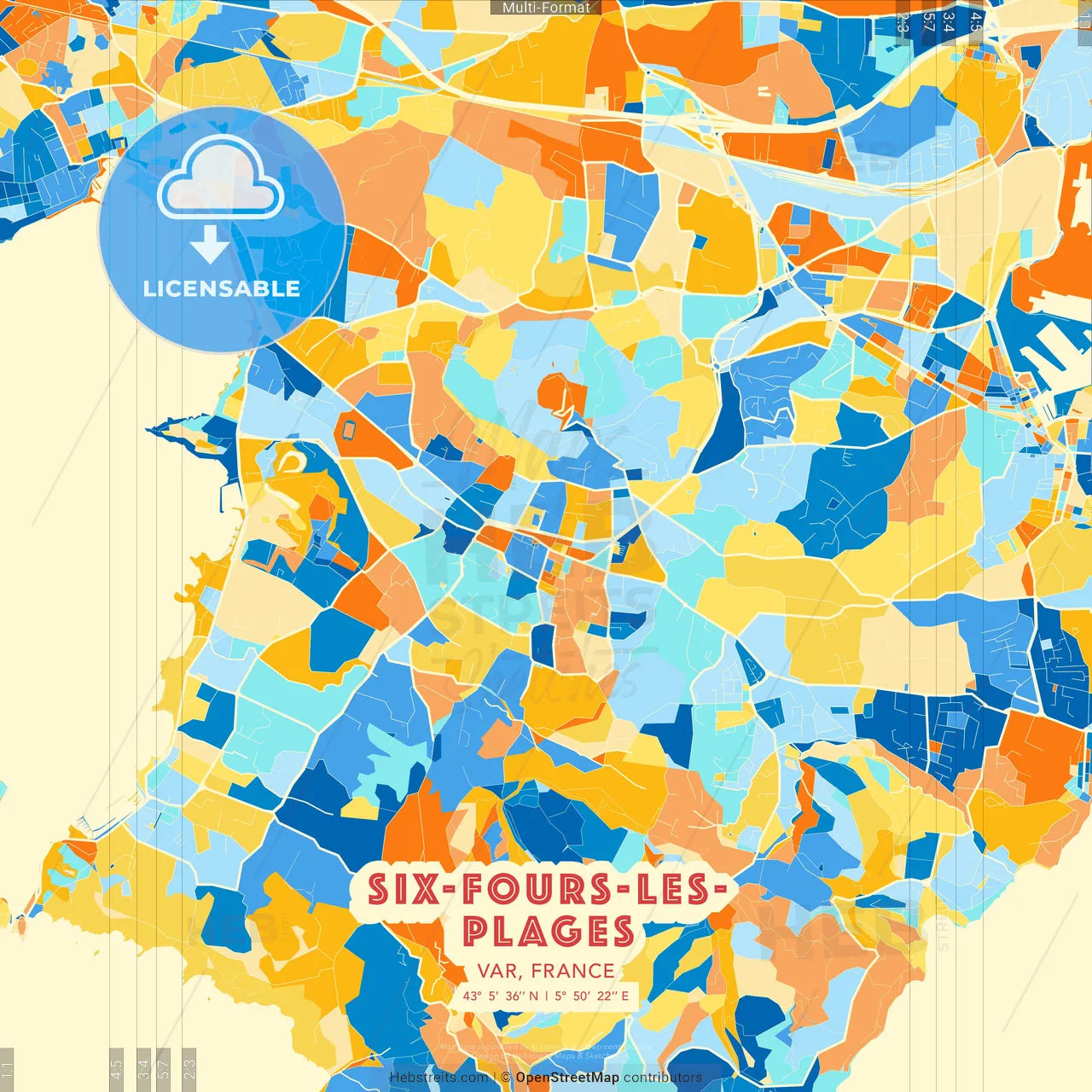 Six-Fours-les-Plages, Var, France blue and orange vector art map template