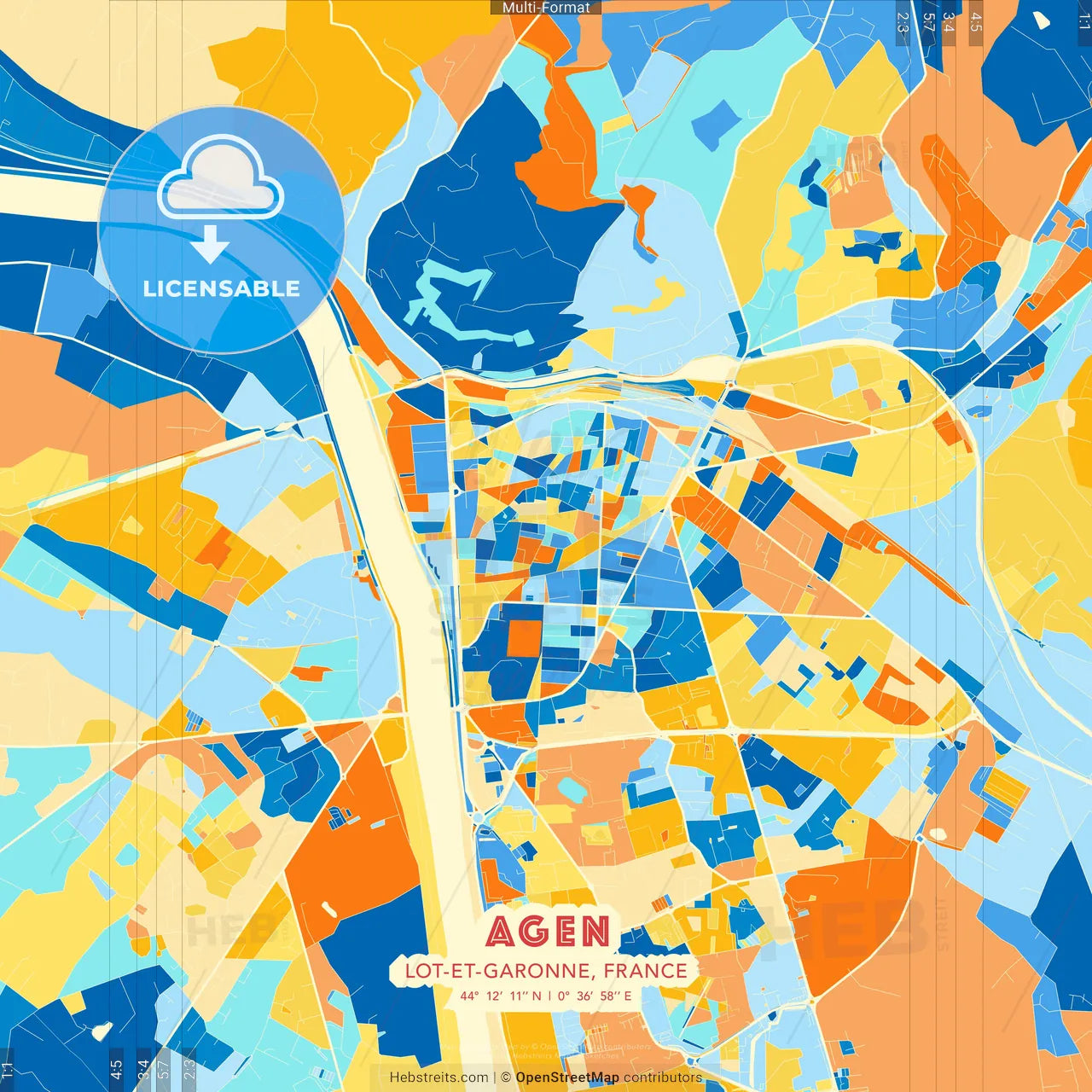 Agen, Lot-et-Garonne, France blue and orange vector art map template
