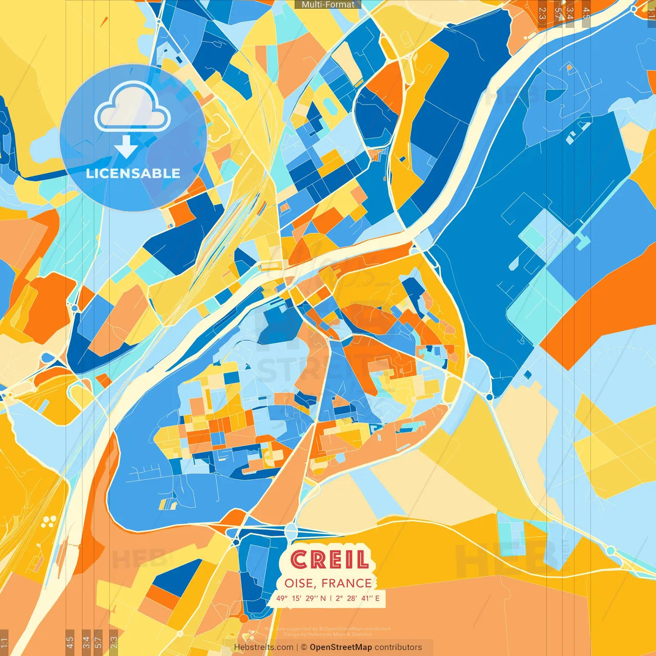 Creil, Oise, France blue and orange vector art map template