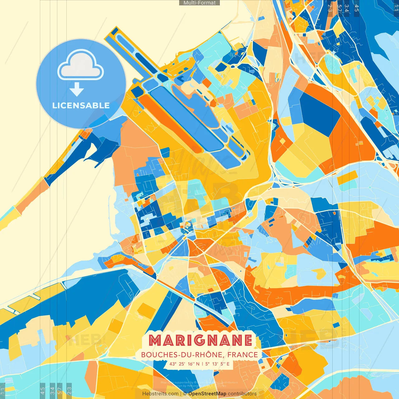 Marignane, Bouches-du-Rhône, France blue and orange vector art map template