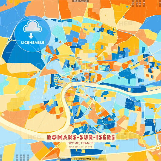 Romans-sur-Isère, Drôme, France blue and orange vector art map template