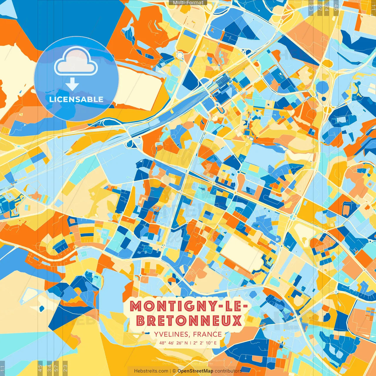 Montigny-le-Bretonneux, Yvelines, France blue and orange vector art map template