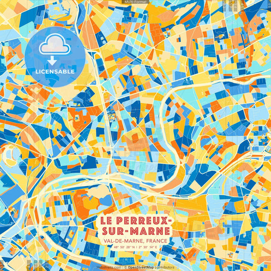 Le Perreux-sur-Marne, Val-de-Marne, France blue and orange vector art map template
