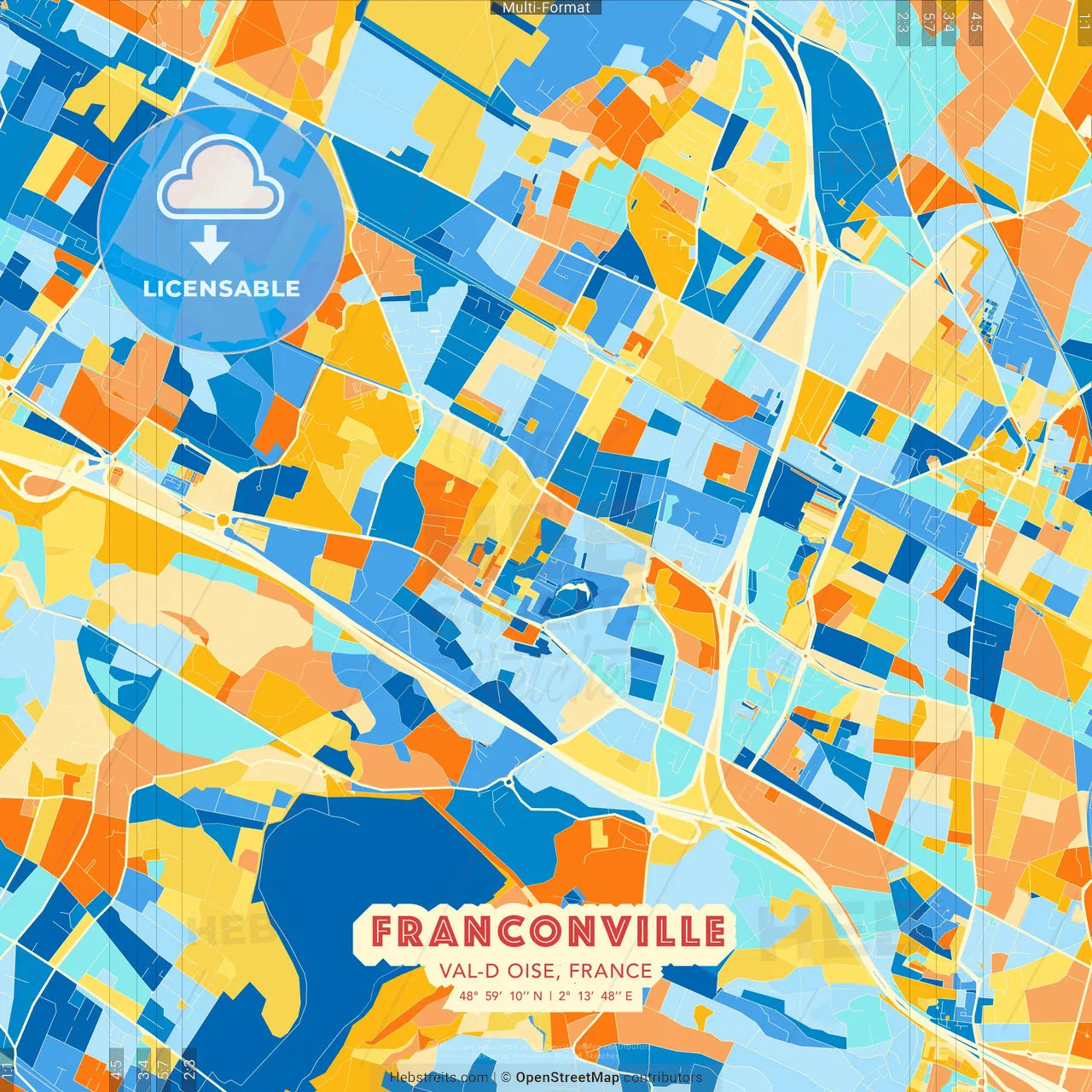 Franconville, Val-d Oise, France blue and orange vector art map template