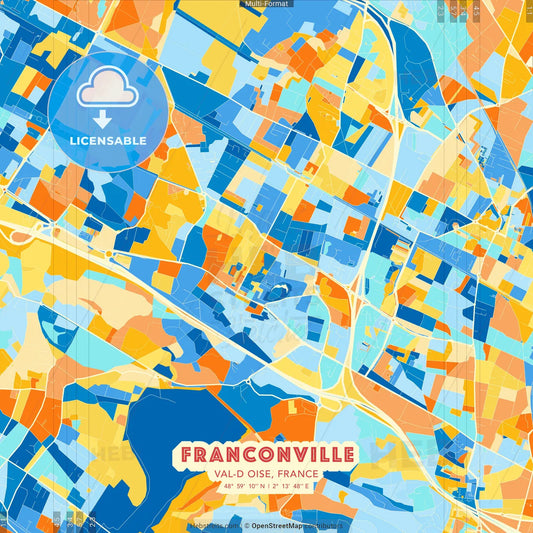 Franconville, Val-d Oise, France blue and orange vector art map template