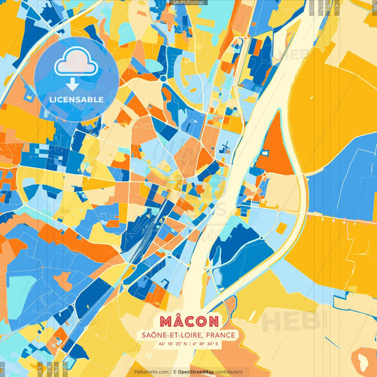 Mâcon, Saône-et-Loire, France blue and orange vector art map template