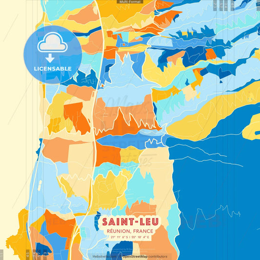 Saint-Leu, Réunion, France blue and orange vector art map template